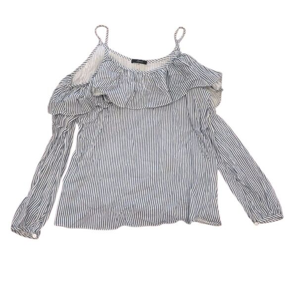 Soprano Thin Blue and White Stripe Cold Shoulder Ruffle Top - Picture 1 of 5